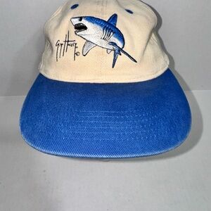 Vintage Guy Harvey Shark Hat Tan Blue Bill Slide back Baseball Hat